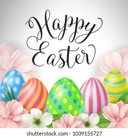 Happy Easter lettering. Easter greeting card with flowers and eggs. Handwritten text, calligraphy. For greeting cards, posters, leaflets and brochures.