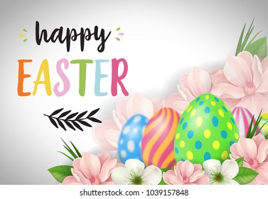 Happy Easter lettering. Easter greeting card with flowers and eggs. Handwritten and typed text, calligraphy. For greeting cards, posters, leaflets and brochures.