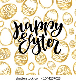 Happy Easter lettering for greeting card with golden handdrawn egg. Vector illustration isolated on seamless background. Modern black brush ink handlettering