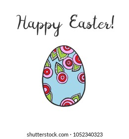 Happy Easter lettering for greeting card. Hand draw text happy holiday card with colorful egg. Vector illustration