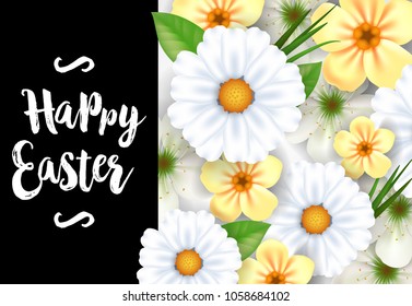 Happy Easter lettering. Easter greeting card with floral pattern. Handwritten text, calligraphy. For greeting cards, posters, leaflets and brochures.