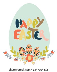 Happy easter lettering. Greeting Card with flowers, leaves. Doodle vector elements.