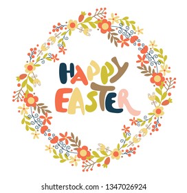 Happy easter lettering. Greeting Card with flowers, leaves. Doodle vector elements.