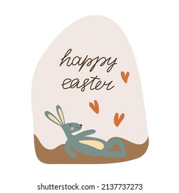 Tarjeta de felicitación con letras de pascua. Conejo en cama de jardín. Estilo bohemio. Decoración de fiestas religiosas. Ilustración de material vectorial
