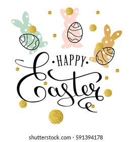Happy Easter lettering greeting card with  doodle easter eggs and bunny . Calligraphy lettering. Calligraphic pen inscription. Vector illustration EPS 10.