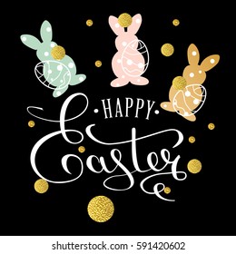 Happy Easter lettering greeting card with doodle easter eggs and bunny on black background. Calligraphy lettering. Calligraphic pen inscription. Vector illustration EPS 10.