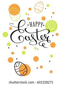 Happy Easter lettering greeting card with doodle easter eggs. Calligraphy lettering. Calligraphic pen inscription. Hand lettering, with golden glitter. Vector illustration EPS 10.
