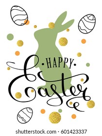 Happy Easter lettering greeting card with doodle easter eggs and bunny . Calligraphy lettering. Calligraphic pen inscription. Vector illustration EPS 10.