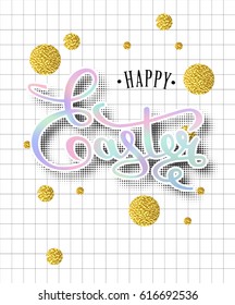 Happy Easter lettering greeting card with doodle easter eggs. Modern style trends 80. Calligraphy lettering with holographic effect. Calligraphy pen inscription. Vector illustration EPS 10.