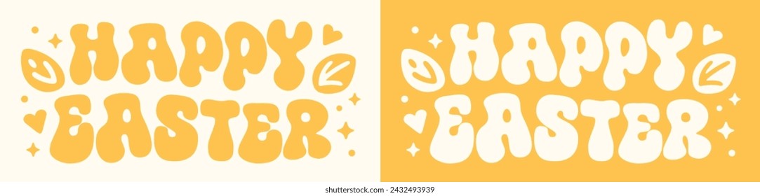 Happy Easter lettering groovy hippie wavy letters card. Cute leaves stars hearts drawing retro vintage 80s yellow aesthetic. Text vector for women girls boys children kids print cut file shirt design.