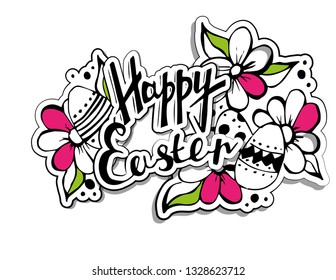 happy easter lettering and hand draw ink flowers and egg . colorful sedign for banner and gift card.Vector illustration