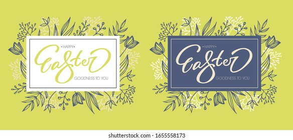 Felices letras de Pascua con dibujos a mano de plantas y flores. Ilustración del vector EPS 10