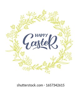 Happy Easter lettering with hand drawn sketch of plants and flowers. Vector illustration. Template for greeting card, ad, promotion, poster, flyer, article. EPS 10