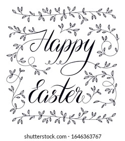 Happy easter, lettering hand written text with flower decor vector illustration isolated on white