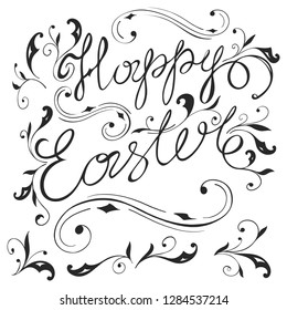 Happy Easter lettering lettering, hand-drawn in a retro style on a white background, with design elements. vector illustration.