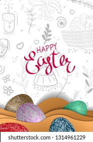 Happy Easter lettering handdrown background with realistic eggs.