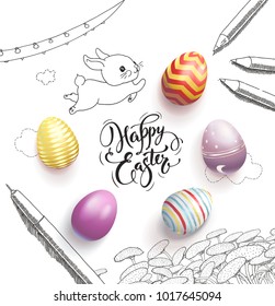 Happy Easter lettering handwritten with calligraphic font, surrounded by colorful eggs, cute baby bunny, dandelions, clouds, pen, pencils, garland hand drawn with contour lines. Vector illustration.