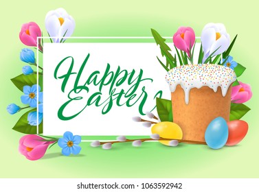Happy Easter lettering. Holiday inscription with sweet bread, buds, colorful eggs. Handwritten text, calligraphy. Can be used for greeting cards, posters and leaflets