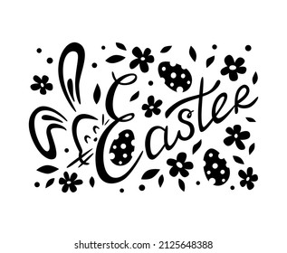 Feliz Pascua. Ilustración por letras con conejito, águilas y flores