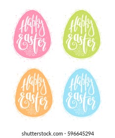 Happy Easter lettering illustration with colorful eggs and modern calligraphy in a hand drawn style