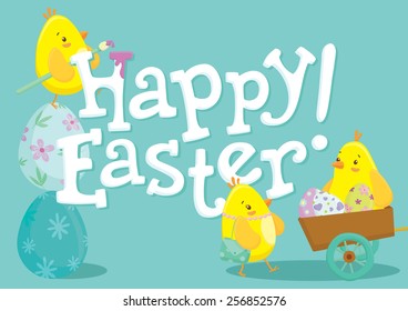 Happy Easter lettering illustration with cute chicken cartoon characters. Vector illustration.