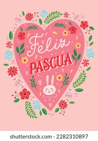 Happy Easter lettering illustration. Feliz Pascua spanish easter greeting flower card vector image. Spring Holiday.