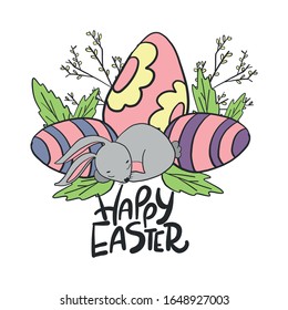Happy easter lettering. Illustration with painted eggs and a rabbit.