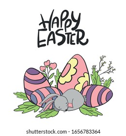 Happy easter lettering. Illustration with painted eggs and a rabbit.