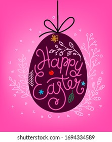 Happy Easter lettering inscription. Easter eggs in doodle style 