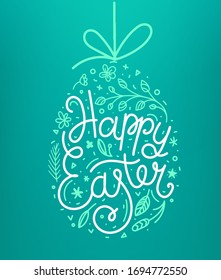 Happy Easter lettering inscription. Easter eggs in doodle style 