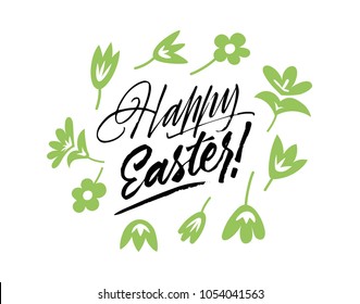 Happy Easter lettering inscription. Vector isolated handwritten. Brush pen modern trendy lettering. On white background. Hand drawn calligraphy. Bright holiday postcard with floral illustration.