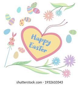 Happy Easter lettering inside decorative frame. Easter decorations: eggs, flowers, Easter bunny. Top view composition. Vector illustration in pastel colors