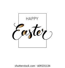 Happy easter lettering isolated on white background. Holiday text with gold elements decoration. Border and script type. Vector illustration for print and web.
