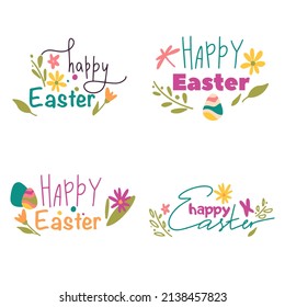 Happy Easter lettering labels design set. Hand drawn emblem with flowers, eggs  and leaves. Sale banner, poster, badge, illustration.