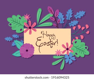 happy easter lettering with leafs and flowers in square frame vector illustration design