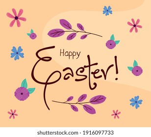 letras felices de Pascua con hojas y flores diseño de ilustraciones vectoriales