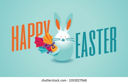 Happy easter lettering, easter logo elements, colorful ribbons and eggs. Vector illustration greeting card, ad, promotion, poster, flyer, web-banner, article