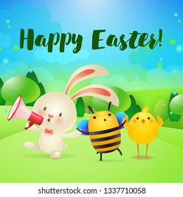 Happy Easter lettering with megaphone, chick, bunny and bee. Easter greeting card. Handwritten text, calligraphy. For leaflets, brochures, invitations, posters or banners.