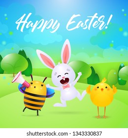 Happy Easter lettering, megaphone, rabbit, bee and chick. Easter greeting card. Handwritten text, calligraphy. For leaflets, brochures, invitations, posters or banners.