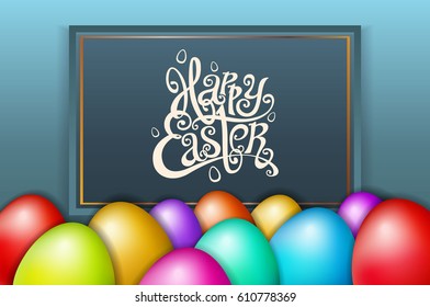 happy easter lettering modern calligraphy, colorful egg vector art
