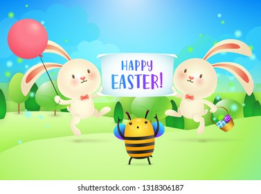 Happy Easter lettering on banner held by two bunnies and bee. Easter greeting card. Typed text, calligraphy. For greeting cards, posters, invitations, banners, leaflets and brochures.
