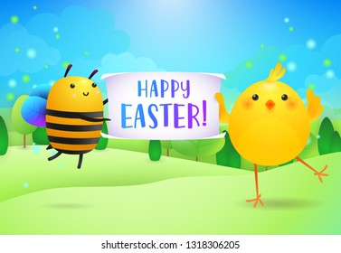 Happy Easter lettering on banner held by cute bee and chick. Easter greeting card. Typed text, calligraphy. For greeting cards, posters, invitations, banners, leaflets and brochures.