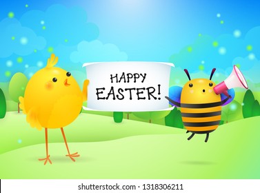 Happy Easter lettering on banner held by chicken and bee. Easter greeting card or advertising design. Typed text, calligraphy. For greeting cards, invitations, banners, leaflets and brochures.