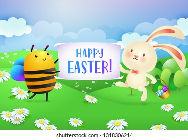 Happy Easter lettering on banner held by bee and rabbit. Easter greeting card. Typed text, calligraphy. For greeting cards, posters, invitations, banners, leaflets and brochures.
