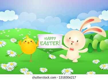 Happy Easter lettering on banner held by bunny and chick. Easter greeting card. Typed text, calligraphy. For greeting cards, posters, invitations, banners, leaflets and brochures.