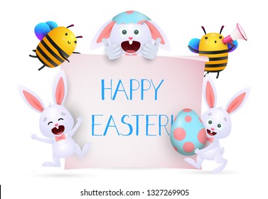 Happy Easter lettering on banner held by bees and bunnies. Easter greeting card. Typed text, calligraphy. For leaflets, brochures, invitations, posters or banners.