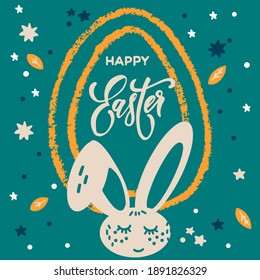 Fröhliche Osterschrift auf blauem Hintergrund mit weißen Buchstaben mit Kaninchen. Das Kaninchen schläft. Festliches Grußkartenposter