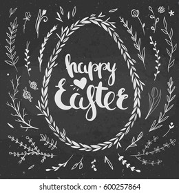 Happy Easter lettering on a chalkboard. Set of decorative floral elements for Easter hand drawn on a chalkboard. Vector illustration. 