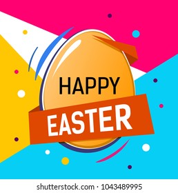 Happy Easter lettering on egg. Easter greeting card with colorful background. Typed text, calligraphy. For greeting cards, posters, leaflets and brochures.