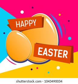 Happy Easter lettering on egg. Easter greeting card with colorful background. Typed text, calligraphy. For greeting cards, posters, leaflets and brochures.